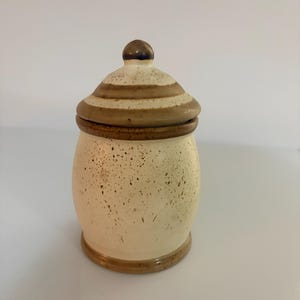 May include: A ceramic canister with a lid, featuring a cream-coloured body with brown speckles. The canister has a rounded shape, a brown rim at the top, and a matching brown base. The lid is conical with a small knob handle and brown accents.