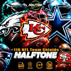 May include: A digital graphic featuring multiple NFL team logos, including the Kansas City Chiefs, Philadelphia Eagles, Dallas Cowboys, New England Patriots, and San Francisco 49ers, with football helmets and text reading +116 NFL Team Shields HALFTONE.