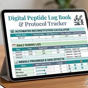 Puede incluir: Una tableta digital que muestra un registro y rastreador de protocolos de péptidos, con secciones para una calculadora de reconstitución automatizada, un registro de dosis diaria y un rastreador de progreso semanal y efectos secundarios.