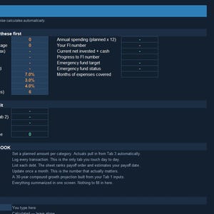 Peut inclure: Une feuille de calcul financière numérique intitulée SETUP & GOALS sur fond bleu foncé. Elle comprend des sections pour les données saisies par l'utilisateur, des champs calculés et des instructions pour utiliser les onglets 2 à 7.