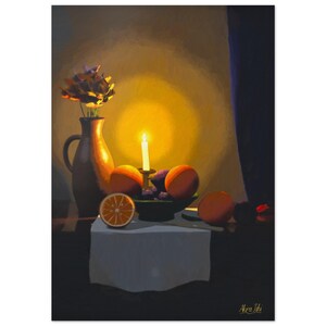 Original Stillleben-Code mit Kerze und Orangen – Kunstdruck mit Früchten im Kerzenschein, stimmungsvolle Esszimmerdekoration