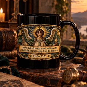 May include: A black ceramic mug featuring a detailed illustration of an angel with wings, holding a staff and orb. A golden banner displays the text: "...and he shall bless thy bread, and thy water; and I will take sickness away from the midst of thee. Exodus 23:25."