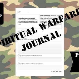 May include: A single-page spiritual warfare journal template with black text on a white background. The document includes sections for scripture, words of activation, and prayer declarations, set against a camouflage background.