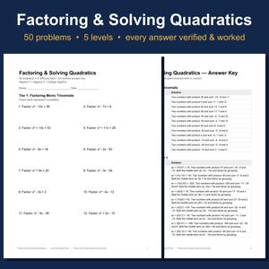 May include: A maths worksheet titled Factoring & Solving Quadratics featuring 50 problems across 5 levels. The document includes a section for student name and date, Tier 1 factoring monic trinomials, and a detailed answer key with worked solutions.