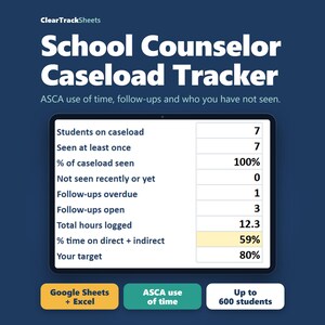 School Counselor Caseload Tracker and Contact Log, ASCA Use of Time (Google Sheets + Excel)