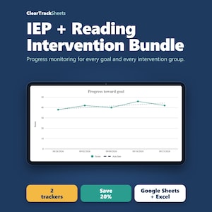 Op de afbeelding: Een IEP en leesinterventiepakket van ClearTrackSheets met een tabletscherm dat een voortgangsgrafiek toont met de titel Progress toward goal. Bevat labels voor 2 trackers, save 20% en Google Sheets + Excel.