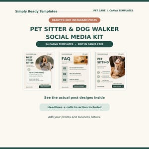 Peut inclure: Un kit de réseaux sociaux numérique pour pet sitters et promeneurs de chiens comprenant 24 modèles Canva modifiables. Le design présente trois exemples de mises en page Instagram avec des titres comme Meet Your Sitter, FAQ et Pet Sitting.