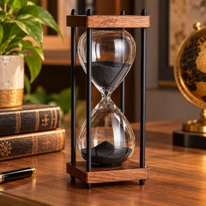 May include: An hourglass featuring a clear glass bulb filled with fine black sand, held within a frame constructed of four vertical black metal rods and two horizontal wooden plates with a dark brown wood grain finish.