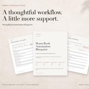 May include: A digital PDF guide and fillable workbook titled HoneyBook Automation Blueprint by Kendall Douglas Studio. The document features three pages with text including A thoughtful workflow, A little more support, Acknowledge a new inquiry, and Begin onboarding.