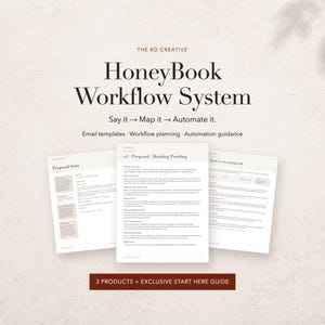 Op de afbeelding: Het HoneyBook Workflow System van The KD Creative bevat drie documentpagina's met tekst zoals Proposal Sent, Proposal Booking Pending en Check in on a proposal. Een donkerrode banner toont de tekst 3 PRODUCTS + EXCLUSIVE START HERE GUIDE.