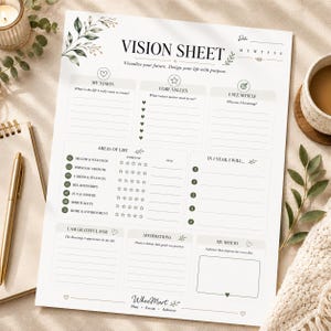 Puede incluir: Una hoja de visión de papel blanco con texto negro e ilustraciones de hojas verdes. La plantilla incluye secciones para My Vision, Core Values, I See Myself, Areas of Life, In 1 Year I Will, I Am Grateful For, Affirmations y My Motto.