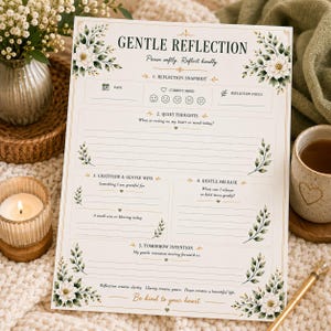 May include: A white paper reflection journal page with floral borders and gold text. It features sections titled GENTLE REFLECTION, Pause softly. Reflect kindly, Reflection Snapshot, Quiet Thoughts, Gratitude & Gentle Wins, Gentle Release, and Tomorrow Intention.