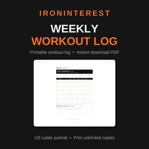 May include: A digital document titled IRONINTEREST WEEKLY WORKOUT LOG with a black and white layout. The page features a table for tracking exercises, sets, reps, weight, and notes, along with a section for daily personal records and exercise goals.