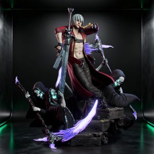 May include: A detailed figurine of a silver-haired character in a red coat and black pants, holding a large sword and a handgun. The character is surrounded by three hooded skeletal figures with glowing blue eyes, holding staffs with purple flames.