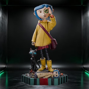 May include: A collectible figurine of a character with blue hair wearing a yellow raincoat, a red skirt, and striped leggings, holding a green eye-shaped object. A black cat stands beside the figure, and a smaller doll lies on the striped base.