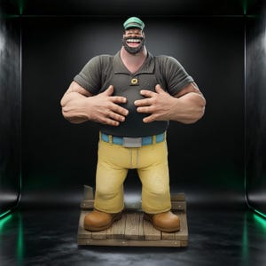 May include: A muscular figurine of a bearded character wearing a dark gray polo shirt with a single yellow button, a light blue belt, and yellow trousers. The character wears a green cap and stands on a wooden plank base with brown boots.