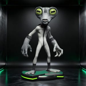 Könnte beinhalten: Eine graue Alien-Figur mit großem Kopf, markanten gelben Augen mit horizontalen Pupillen und einer texturierten Hautoberfläche. Die Figur trägt einen weißen Anzug mit einem schwarzen vertikalen Streifen, schwarzen Armbändern und schwarzen Stiefeln.