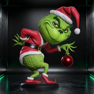 Puede incluir: Una figura de criatura verde y peluda que viste un traje de Papá Noel rojo con ribetes de piel blanca y un gorro a juego. La figura tiene una expresión traviesa, está encorvada y sostiene un adorno navideño rojo brillante en una mano.
