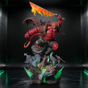 May include: A red-skinned humanoid figurine with horns and a tail, wearing a brown coat and dark pants, leaping while wielding a flaming sword. The base features a graveyard scene with green glowing elements, tentacles, and a skull.