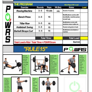 May include: A workout chart titled RULE15 featuring a table with exercises including rowing machine, bench press, T-bar row, kettlebell swing, and barbell biceps curl. It includes instructional diagrams for each exercise with text descriptions.