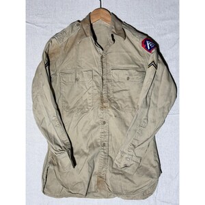 Vintage WWII US Army 5th Army Khaki Twill Shirt Corporal Patches Tan Cotton