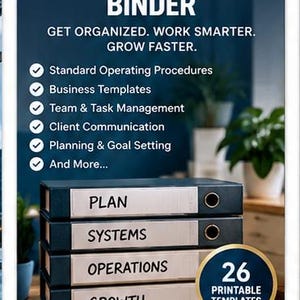 Pode incluir: Uma pilha de quatro pastas azul-escuras com etiquetas brancas lendo PLAN, SYSTEMS, OPERATIONS e GROWTH. Um emblema circular dourado indica 26 PRINTABLE TEMPLATES. O texto inclui BUILTFORWARD BUSINESS TOOLS, SMALL BUSINESS SOP & OPERATIONS BINDER, e ORGANIZE, SYSTEMIZE, DELEGATE, GROW.