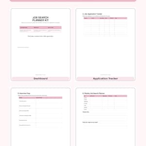 Puede incluir: Un kit de planificador de búsqueda de empleo digital con 11 páginas imprimibles que incluyen un panel, rastreador de solicitudes, preparación de entrevistas y planificador semanal, con encabezados y detalles en rosa.