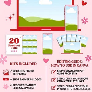 May include: A digital Canva editable toolkit for Etsy shops titled AWANORA. The graphic displays a laptop, smartphone, and various template icons on a pink background. It lists 20 listing photo templates, shop banners, logos, 74 product feature slides, how-to guides, FAQ pages, and testimonial slides with editing instructions.