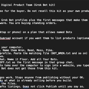 Op de afbeelding: Een digitaal productinformatieblad van Northstack Studio getiteld Solopreneur Digital Product Team Grok Bot kit. De tekst bevat een installatiehandleiding voor vier bots genaamd Wren, Reed, Moss en Pike, met details over hun rollen bij beheer, onderzoek, creatie en publicatietaken.