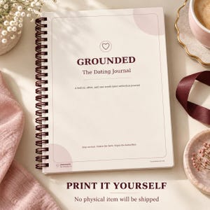 May include: A spiral-bound dating journal titled GROUNDED The Dating Journal with a cream cover, dark brown text, and a heart icon. The cover includes the subtitle A before, after, and one-week-later reflection journal and the text Stay curious. Notice the facts. Enjoy the butterflies.