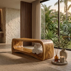 Könnte beinhalten: Eine geschwungene Bank aus massivem Holz mit natürlicher Maserung und einem hohlen Mittelregal, in dem drei gerollte weiße Handtücher liegen. Neben der Bank steht ein Steintablett mit einem kleinen bernsteinfarbenen Diffusor, einer Vase und einer Kerze.