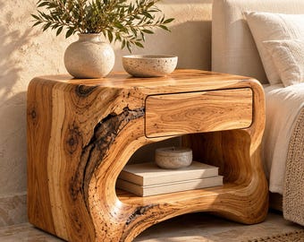 Solid Teak Wood Nightstand, Live Edge Bedside Table with Storage