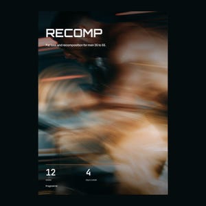 May include: A digital graphic with a dark background featuring the text RECOMP, Fat loss and recomposition for men 35 to 55, 12 weeks, 4 days a week, and ProgrammD. The central area shows a blurred, motion-filled image of a person exercising.