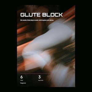 May include: A digital graphic titled GLUTE BLOCK featuring a blurred motion image of a person in white leggings. Text reads: Six weeks, three days a week, built to grow your glutes. Additional text at the bottom displays 6 weeks, 3 days a week, Programm.