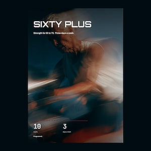 May include: A digital poster titled SIXTY PLUS with the subtitle Strength for 60 to 75. Three days a week. The image features a motion-blurred figure in a white tank top, with text at the bottom displaying 10 weeks and 3 days a week.