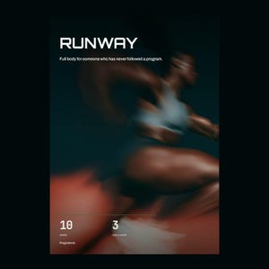 Könnte beinhalten: Eine digitale Grafik mit dem Titel RUNWAY und dem Text Full body for someone who has never followed a program. Das Layout enthält die Zahlen 10 und 3 mit den Beschriftungen weeks und days a week sowie den Text Programmd. Eine unscharfe Figur ist zu sehen.