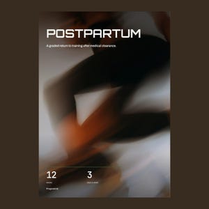 May include: A digital graphic with a dark brown background featuring the white text POSTPARTUM and the subtitle A graded return to training after medical clearance. Below, the numbers 12 and 3 are displayed with the labels weeks and days a week.