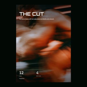 May include: A digital graphic with a dark background featuring the text THE CUT and Fat loss at home with two adjustable dumbbells and a bench. The lower section displays the numbers 12 and 4 with the text weeks and days a week below them.