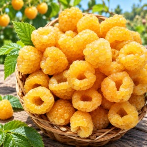 May include: A woven wicker basket overflowing with fresh, bright yellow raspberries. The berries have a textured, bumpy surface and a hollow center. Several green leaves are visible near the basket, and more yellow raspberries grow on the blurred plant in the background.