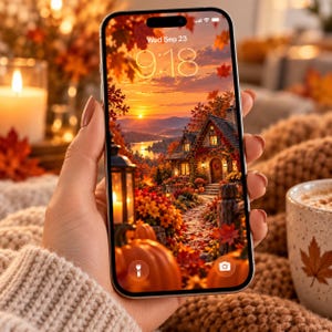 以下が含まれることがあります： スマートフォンには、秋の紅葉、カボチャ、夕日に囲まれた居心地の良いコテージのデジタル壁紙がロック画面に表示されています。画面には日付のWed Sep 23、時刻の9:18、懐中電灯とカメラのアイコンが表示されています。