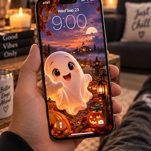 Cute Ghost Halloween iPhone Wallpaper, 3D Spatial Scene, Pumpkin Patch Lock Screen