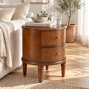 Classic Round Wood Nightstand: French Country Style, Two Drawers, Turned Legs