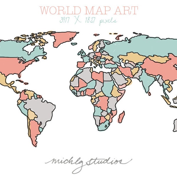 VECTOR and PNG World map- watercolor & outline digital clip art, state, country, silhouette