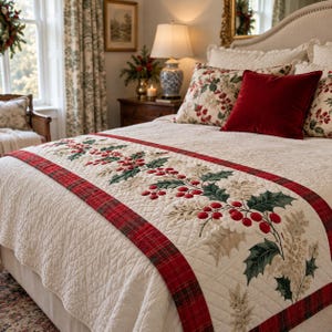 Christmas Quilted Bed Runner with Holly Berry Pattern, Festive Bed Scarf for Holiday Bedroom Decor