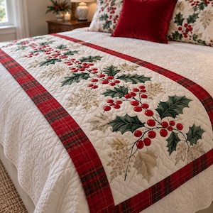 May include: A quilted bed runner featuring a central cream-colored panel with a printed pattern of green holly leaves and red berries, bordered by red and green plaid fabric strips. The runner is displayed on a white quilted bedspread.
