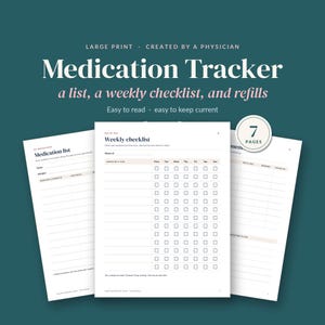 Pode incluir: Um rastreador de medicamentos imprimível de sete páginas, com uma lista de medicamentos em letras grandes, uma lista de verificação semanal e um registro de recargas. Páginas brancas com texto e linhas pretas, emblema de 7 páginas.