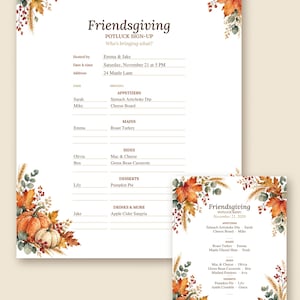 Peut inclure: Une feuille d'inscription pour un repas partagé de Friendsgiving et une carte de menu assortie, ornées de feuilles d'automne, de blé, de baies et de citrouilles à l'aquarelle. Les documents présentent du texte imprimé détaillant les informations.