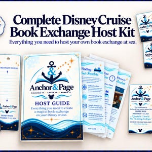 May include: A Disney Cruise book exchange host kit featuring a guide, bookmarks, and cards with blue and gold nautical graphics. The text includes "Complete Disney Cruise Book Exchange Host Kit," "Anchor & Page," and "Host Guide" alongside various instructional prompts for organizing a book exchange at sea.