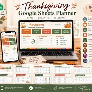 Thanksgiving Google Sheets Planner, Guest List, Potluck Sign-Up, Budget Tracker,  Grocery List, (Digital Download)
