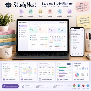 Puede incluir: Un planificador de estudios digital StudyNest mostrado en una pantalla de portátil y smartphone. La interfaz muestra un panel con tareas diarias, asignaciones, horarios de exámenes y análisis de estudio con iconos de seguimiento.